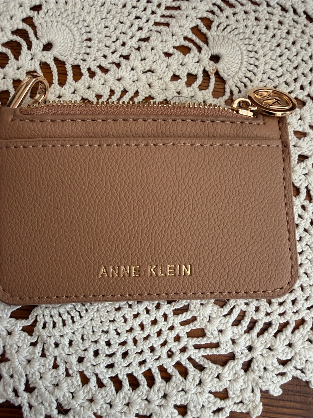Anne Klein Brown Pebbled Leather Card Pouch with Gold Accents